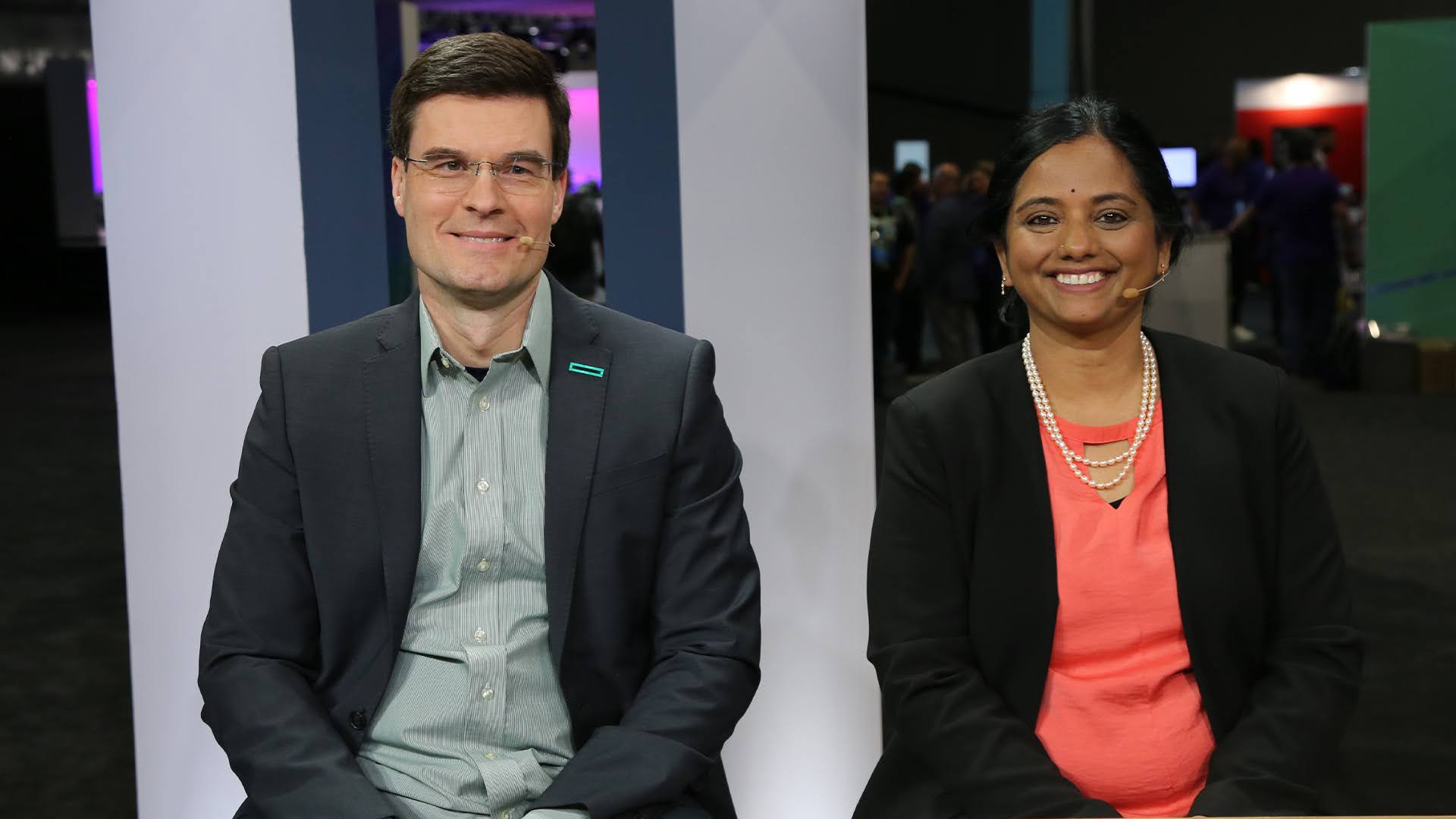 Tony Koinov, Sr. VP and GM of GreenLake at HPE, and Latha Vishnubhotla, chief platform officer at HPE, with theCUBE about GreenLake cloud during HPE Discover 2024.