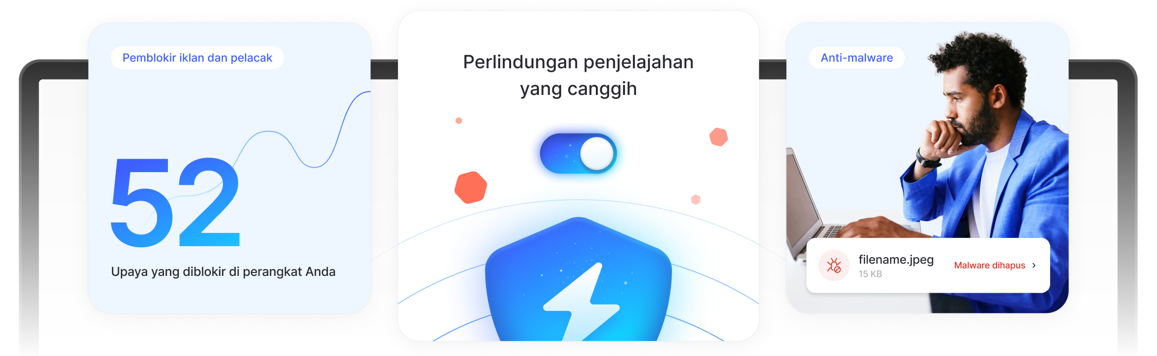 Seorang pria menikmati perlindungan lanjutan peramban dan menghindari iklan, pelacak, dan unduhan berbahaya.